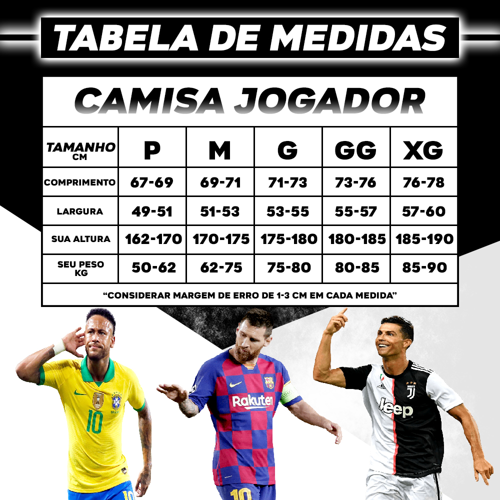 tabela de medidas das camisas modelo jogador